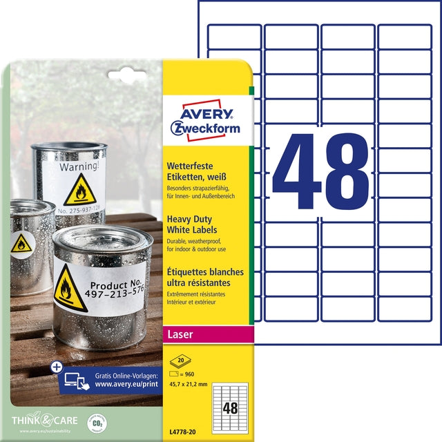 Avery - Etikett Avery L4778-20 45.7x21.2mm Weiß 960 Stücke | 20 Blätter Packung