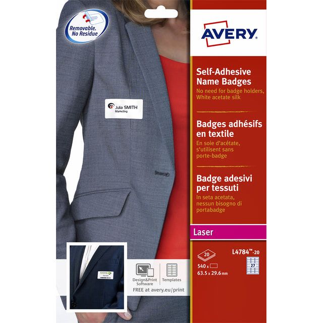 Avery - Name Badge Label Avery L4784-20 63,5x29.6mm 540st | Box ein 20 Blatt | 5 Stücke