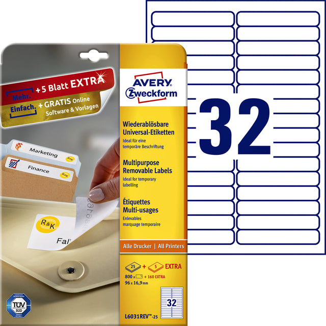 Avery Zweckform - Etikett Avery L6031Rev -25 96x16.9mm Weiß 800 Stücke | Pack von 25 Blättern