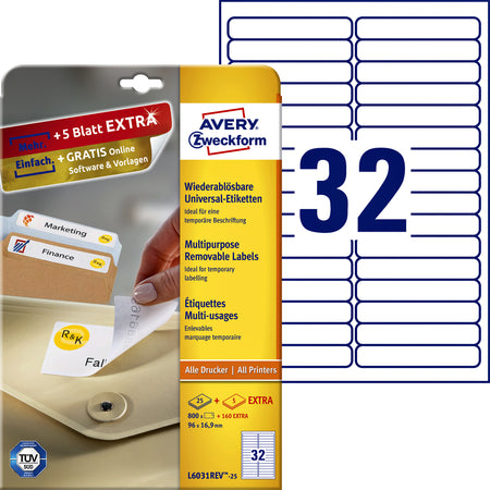 Avery Zweckform - Etiqueta Zweckform L6031REV-25 96x16.9mm removible blanco 800 piezas