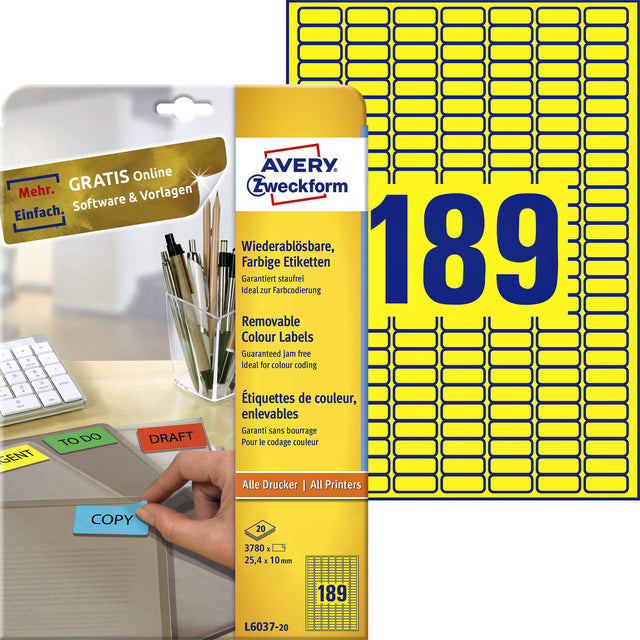 Avery Zweckform - Label Avery L6037-20 25,4x10mm jaune 3780 pièces | Pak une feuille de 20 | 5 pièces