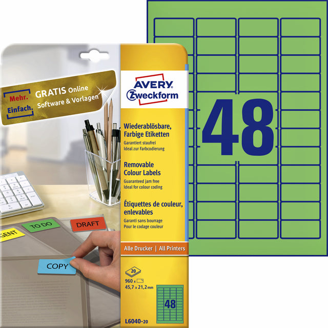 Avery Zweckform - Label Avery L6040-20 45.7x21.2mm Green 960 Pièces | Pak une feuille de 20 | 5 pièces