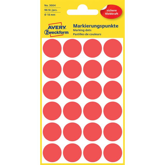 Avery Zweckform - Ronde etiketten diameter 18 mm, rood, 96 stuks