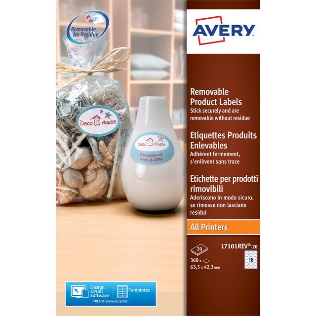 Avery - Etikett Avery L7101REV -20 63,5x42.3 MAT WT 360 Teile | 20 Blätter Packung