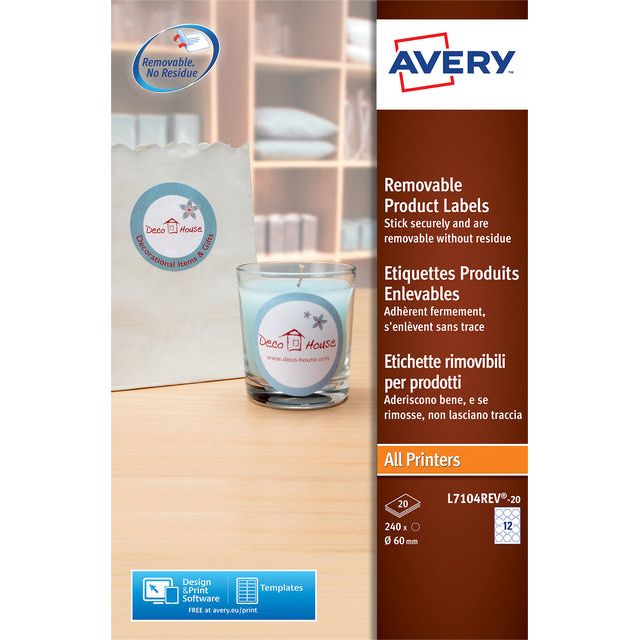 Avery - Label Avery L7104Rev -20 60 mm blanc 240 pièces | Pack de 20 feuilles