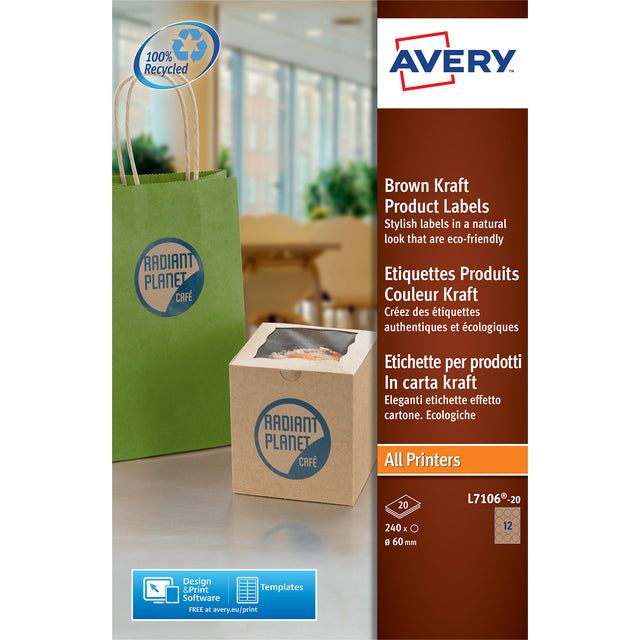 Avery - Etiket avery l7106-20 60mm bruin 240 stuks