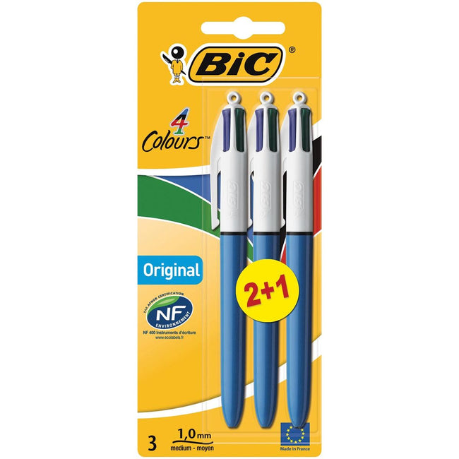 Bic - Colours Original 4-kleurenbalpen, medium, klassieke inktkleuren, blauw, op blister 2+1 gratis