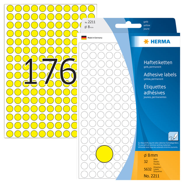 Herma - Étiquette Herma 2211 autour de 8 mm jaune 5632 pièces | Blister une feuille de 32