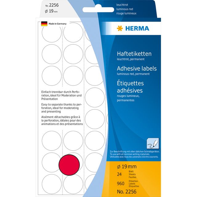 HERMA -  Etiket  2256 rond 19mm fluor rood 960st