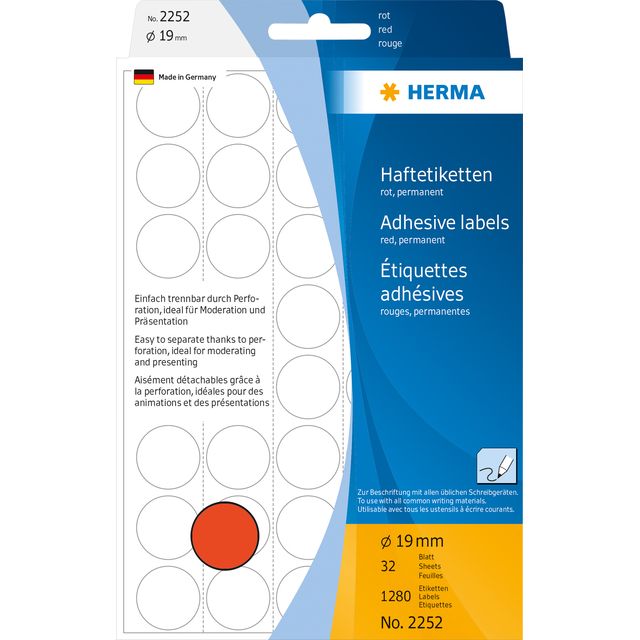 HERMA -  Etiket  2252 rond 19mm rood 1280 stuks