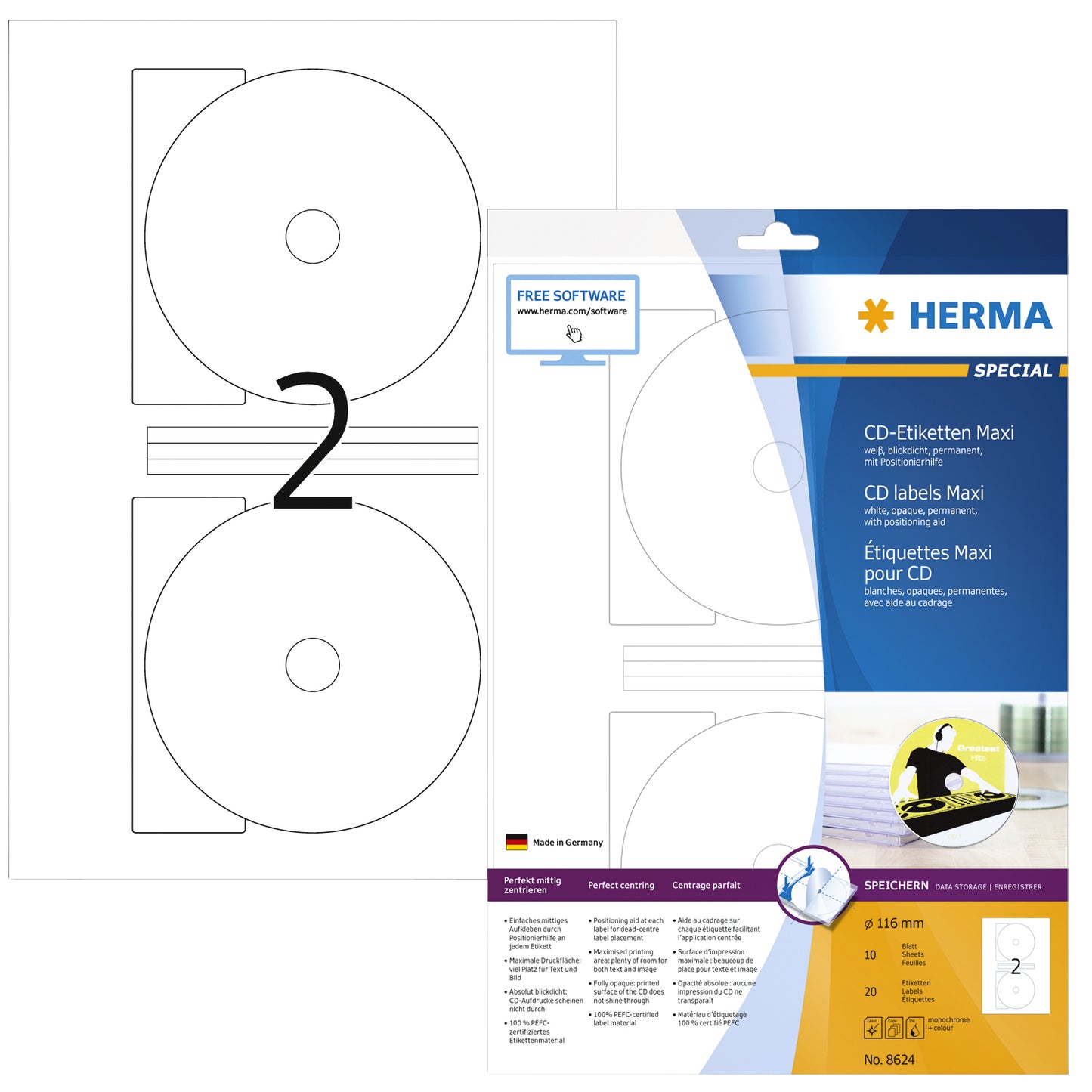 HERMA - Etiquette 8624 CD 116mm blanc opaqua 20 pièces