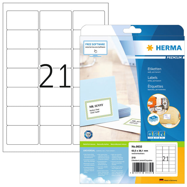 Herma - Herma 8632 Label 63.5x38.1mm Premium blanc 210 pièces | Blister une feuille de 10 | 70 pièces