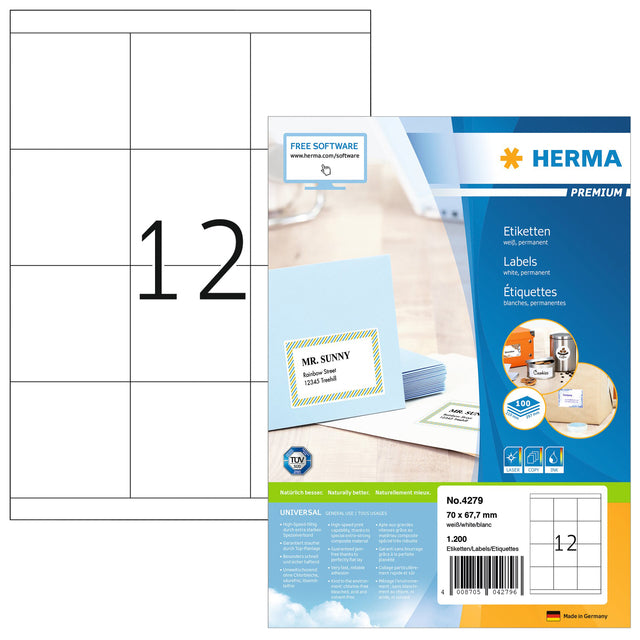 Herma - Herma 4279 70x67,7 mm Premium White 1200 Pieces | Blister une feuille de 100 | 14 pièces