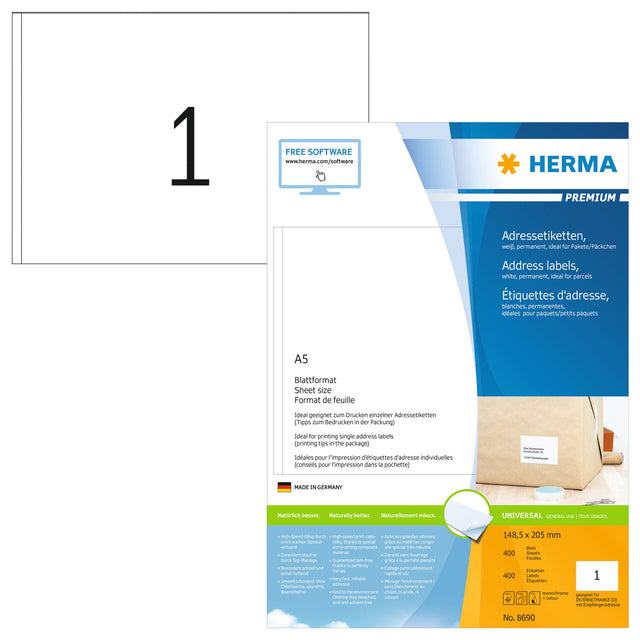 Herma - Étiquette Herma 8690 148.5x205 mm blanc Premium 400 pièces | Blister une feuille de 400 | 8 pièces