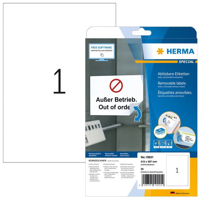 Herma - Herma 10021 210x297mm A4 Label. Blister une feuille de 25