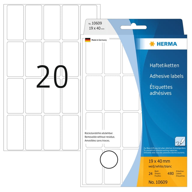 Herma - Herma 10609 19x40mm étiquette amovible 640 pièces | Blister une feuille de 32