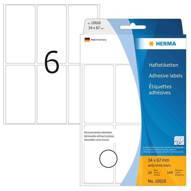 Herma - Herma 10616 34x67mm Étiquette amovible 192 pièces | Blister une feuille de 25