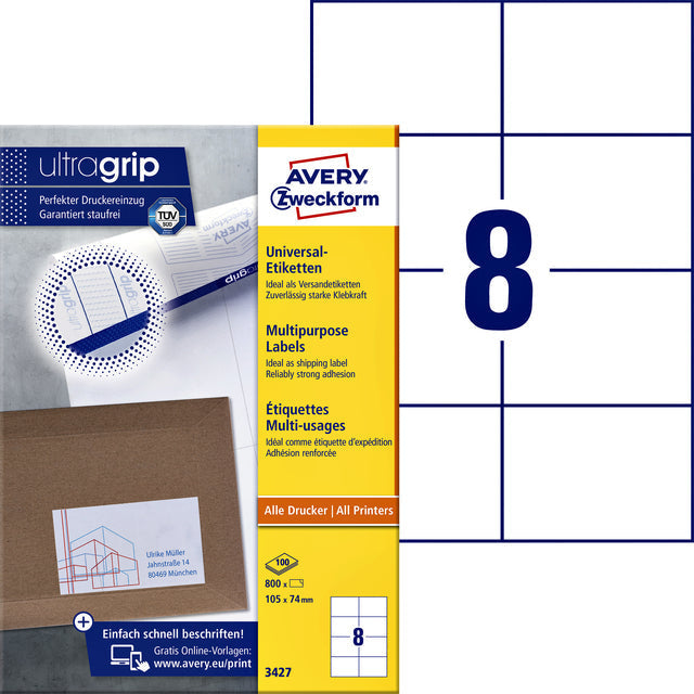 Avery Zweckform - Zweckform 3427, labels universels, ultragrip, blanc, 100 feuilles, 8 par feuille, 105 x 74 mm