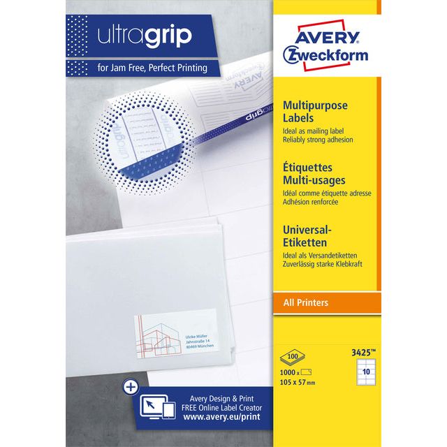 Avery Zweckform - Zweckform 3425, Universele etiketten, Ultragrip, wit, 100 vel, 10 per vel, ft 105 x 57 mm