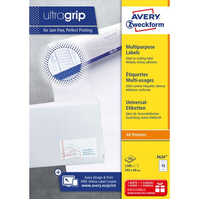 Avery Zweckform - Zweckform 3424, labels universels, ultragrip, blanc, 100 feuilles, 12 par feuille, 105 x 48 mm