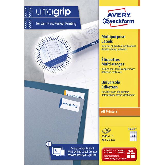 Avery Zweckform - Zweckform 3421, labels universels, ultragrip, blanc, 100 feuilles, 33 par feuille, 70 x 25,4 mm