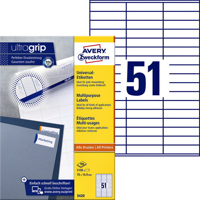 Avery Zweckform - Zweckform 3420, labels universels, ultragrip, blanc, 100 feuilles, 51 par feuille, 70 x 16,9 mm