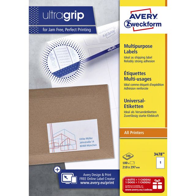 Avery Zweckform - Label AZ 3478 210x297mm A4 blanc 100 pièces | Boîter une feuille de 100