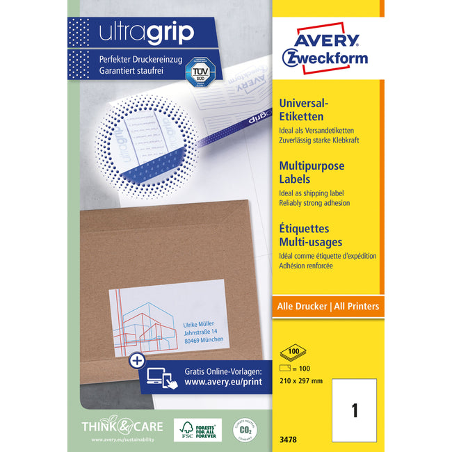 Avery Zweckform - Étiquette Zweckform 3478 210x297mm A4 blanc 100 pièces