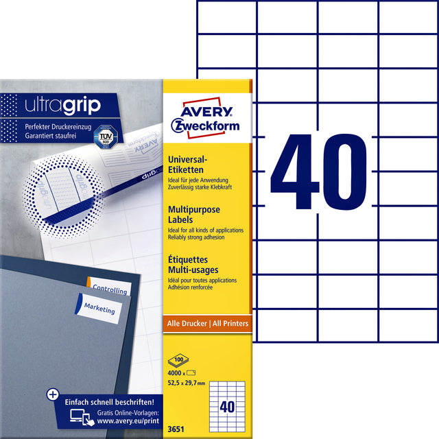 Avery Zweckform - Zweckform 3651, Universele etiketten , Ultragrip, wit, 100 vel, 40 per vel, 52,5 x 29,7 mm