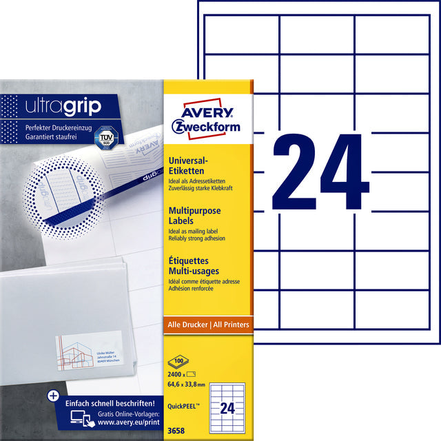 Avery Zweckform - Zweckform 3658, labels universels, ultragrip, blanc, 100 feuilles, 24 par feuille, 64,6 x 33,8 mm