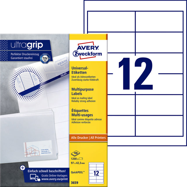 Avery Zweckform - Zweckform 3659, Universele etiketten, Ultragrip, wit, 100 vel, 12 per vel, 97 x 42,3 mm