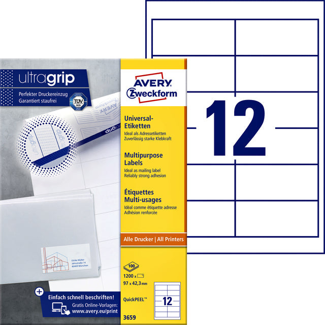 Avery Zweckform - Zweckform 3659, labels universels, ultragrip, blanc, 100 feuilles, 12 par feuille, 97 x 42,3 mm