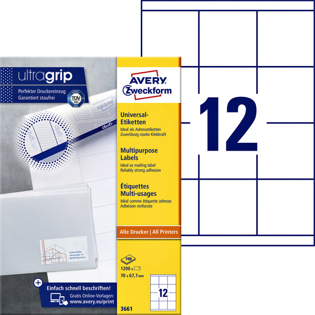 Avery Zweckform - Label AZ 3661 70x67,7 mm blanc 1200 pièces | Boîter une feuille de 100