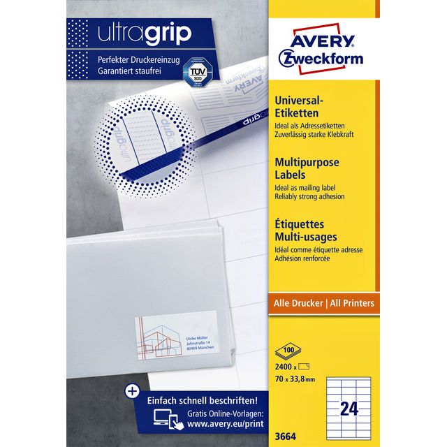 Avery Zweckform - Zweckform 3664, Universele etiketten, Ultragrip, wit, 100 vel, 24 per vel, 70 x 33,8 mm