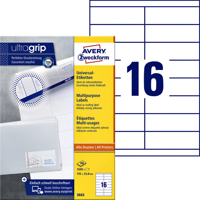 Avery Zweckform - Zweckform 3665, labels universels, ultragrip, blanc, 100 feuilles, 16 par feuille, 105 x 33,8 mm