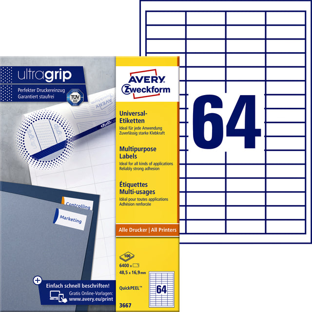 Avery Zweckform - Zweckform 3667, Universele etiketten, Ultragrip, wit, 100 vel, 64 per vel, 48,5 x 16,9 mm