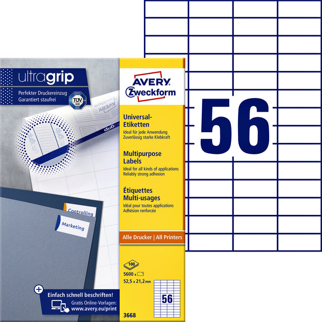 Avery Zweckform - Label AZ 3668 52.5x21.2 mm blanc 5600 pièces | Box A 100 feuilles | 5 pièces