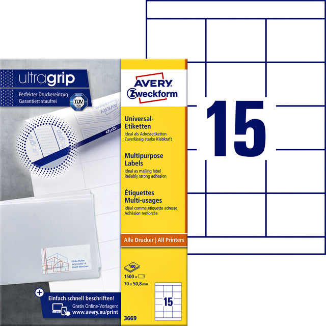 Avery Zweckform - Label AZ 3669 70x50,8 mm blanc 1500 pièces | Boîter une feuille de 100