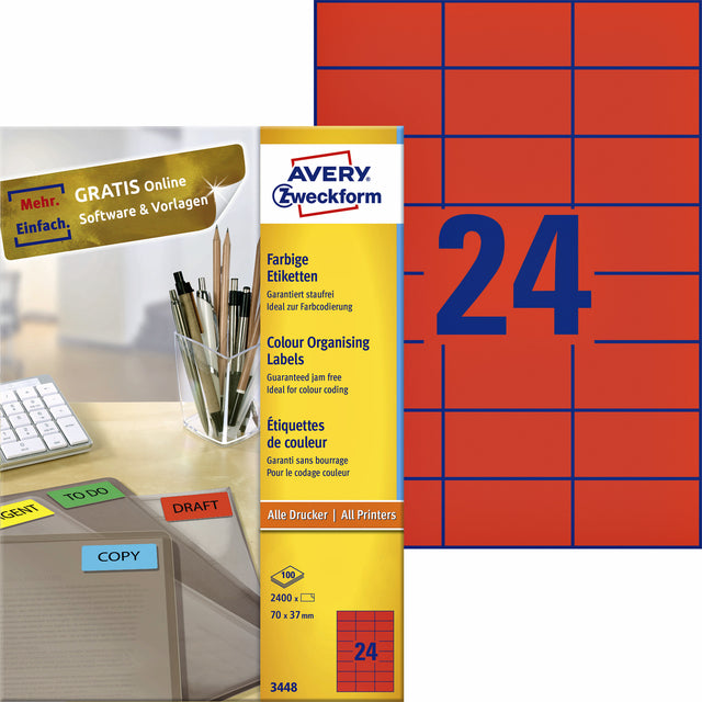 Avery Zweckform - Label AZ 3448 70x37mm rouge 2400 pièces | Box A 100 feuilles | 5 pièces