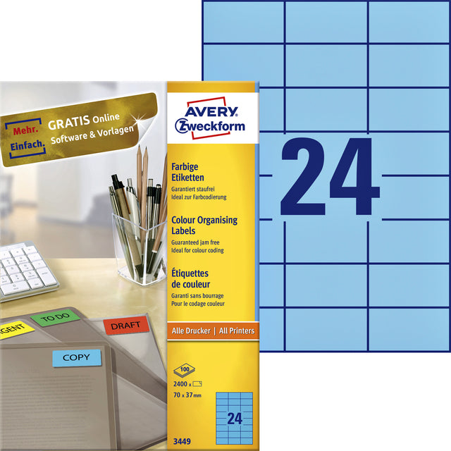 Avery Zweckform - Label AZ 3449 70x37mm Blue 2400 Pièces | Boîter une feuille de 100