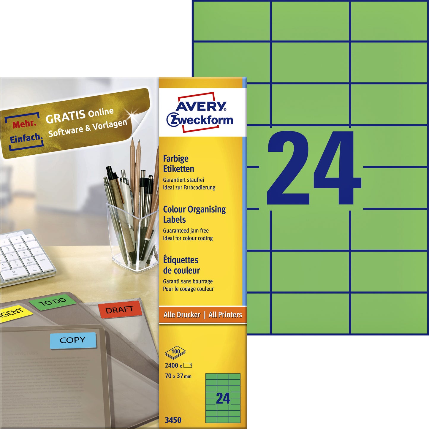 Avery Zweckform - Etichetta Zweckform 3450 70x37mm verde 2400 pezzi