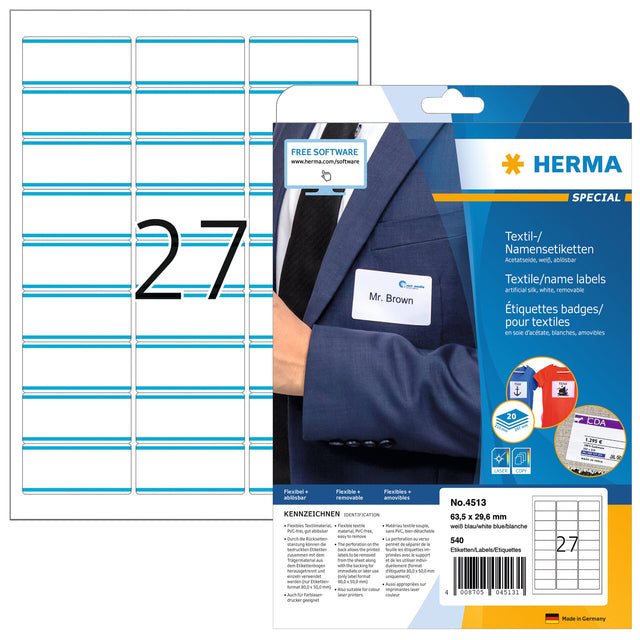 Herma - Étiquette de badge de nom Herma 4513 63.5x29.6 mm blanc / bleu | Blister une feuille de 20