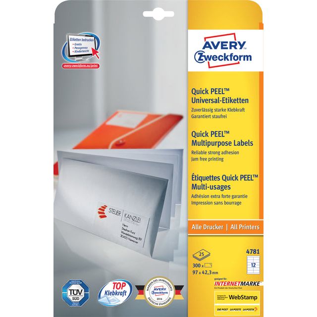 Avery Zweckform - Label AZ 4781 97x42.3 mm blanc 300 pièces | Pack de 25 draps