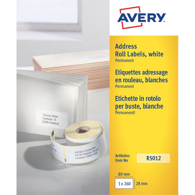 Avery - Etikett Avery R5012 Thermal 89x28mm weiß 260 Stücke | Rolle A 260 Etikett | 6 Stück