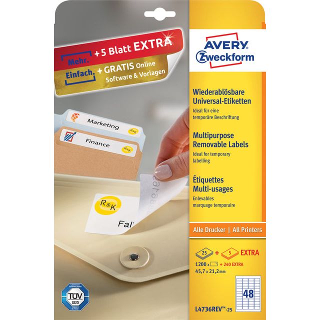 Avery - Label Avery L4736Rev -255.7x21.2mm blanc 1200-00 | Pack de 25 draps