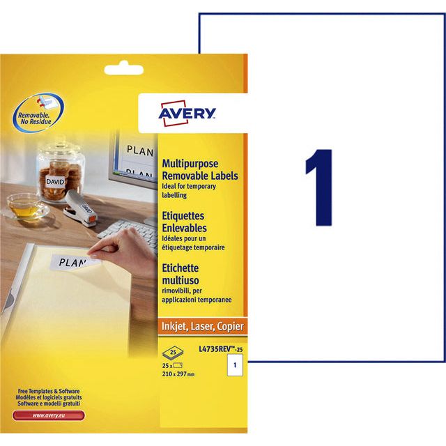 Avery - Etiket L4735REV-25 210x297mm A4 afneembaar wit 25 stuks