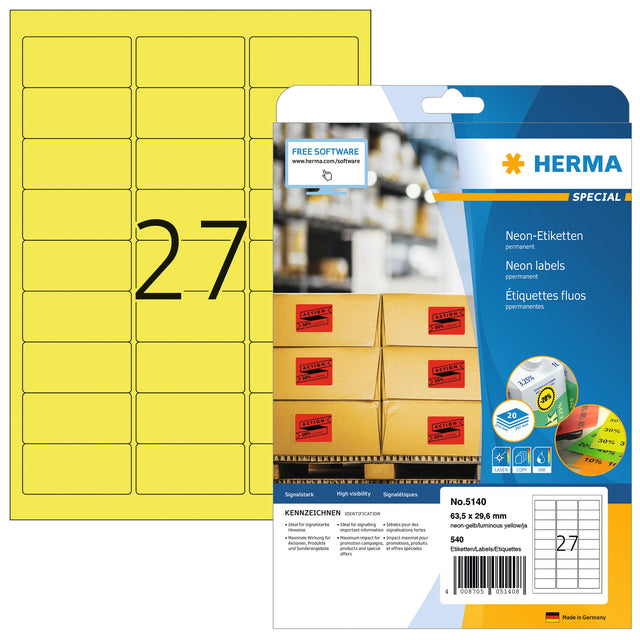 Herma - Herma 5140 63.5x29,6 mm Neongeel 540 pièces | Blister une feuille de 20