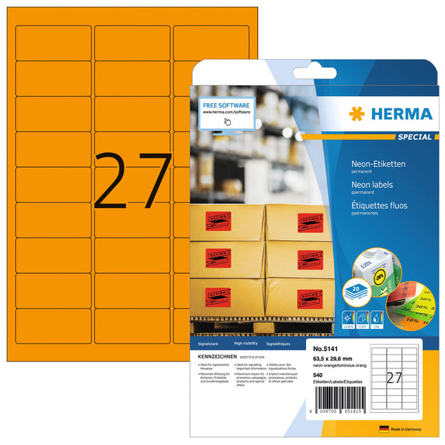 Herma - Herma 5141 Label 63.5x29.6 mm Neonoranje 540 Pieces | Blister une feuille de 20