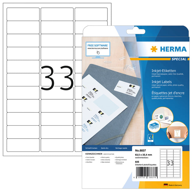 Herma - Herma 8837 Label 63.5x25.4mm Matt White 825 Pièces | Blister une feuille de 25