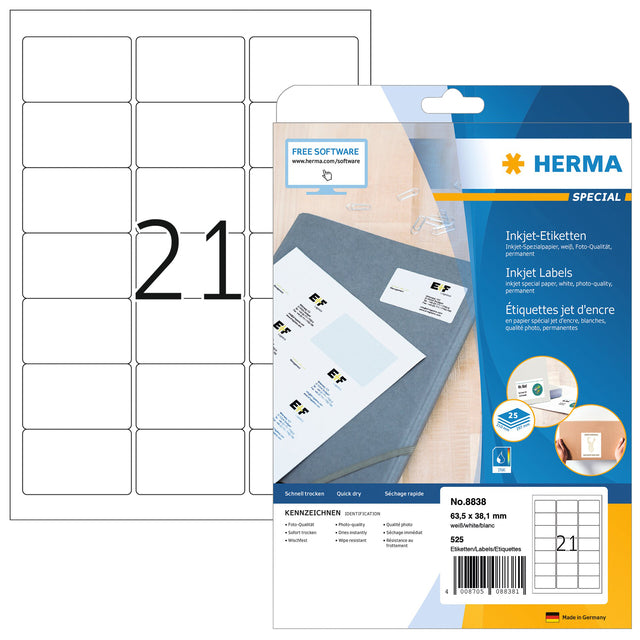 Herma - Herma 8838 Label 63.5x38.1mm Mat blanc 525 pièces | Blister une feuille de 25